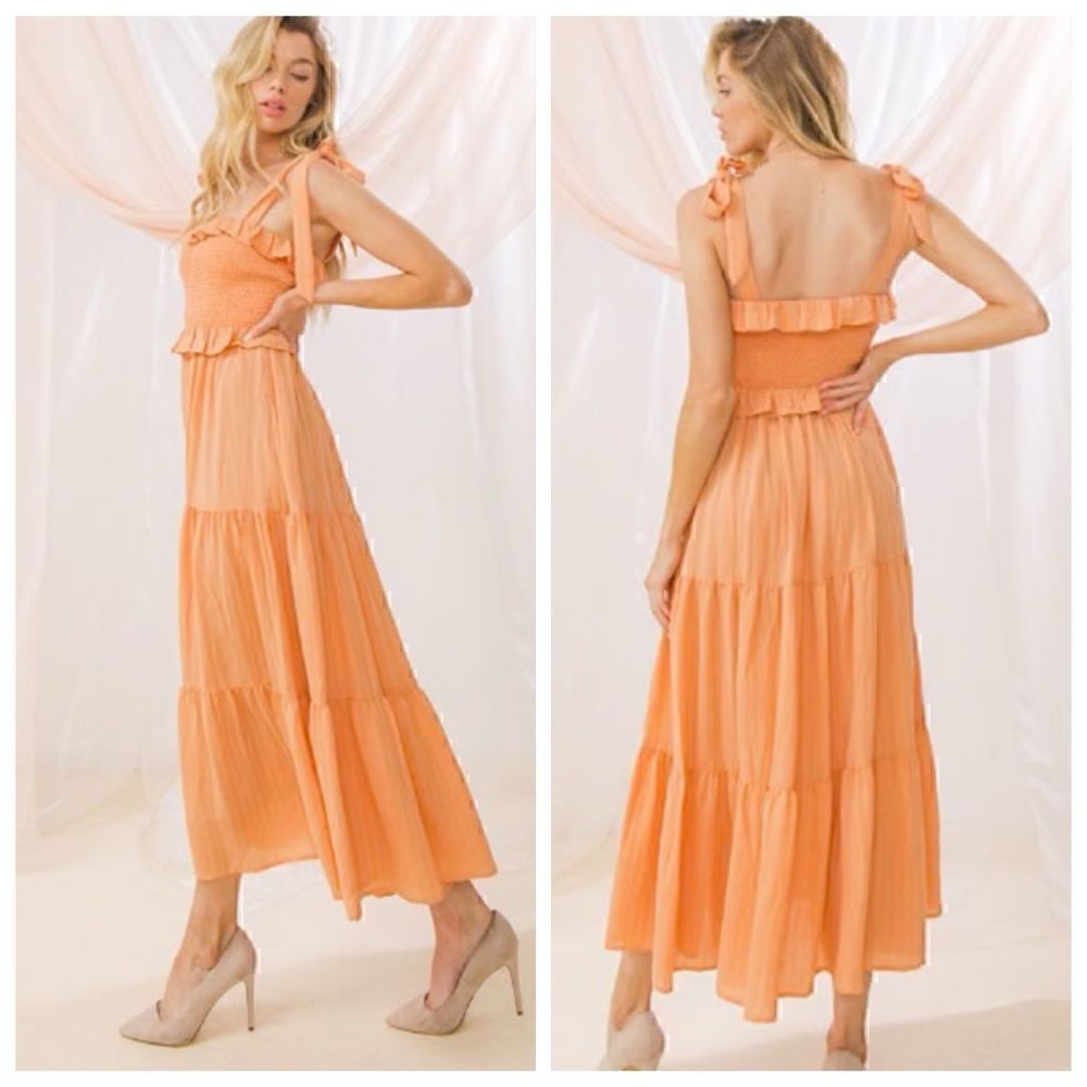 Rue Stiic Dress Womens Sz M Maxi tiered smocked Tie strap Linen cotton Peach